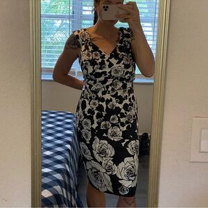 White House Black Market Black and White Rose Midi Dress